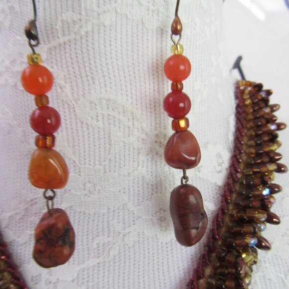 Carnelian, jasper & beads necklace & earrings in copper setting - 1980s - Picture 8 of 9